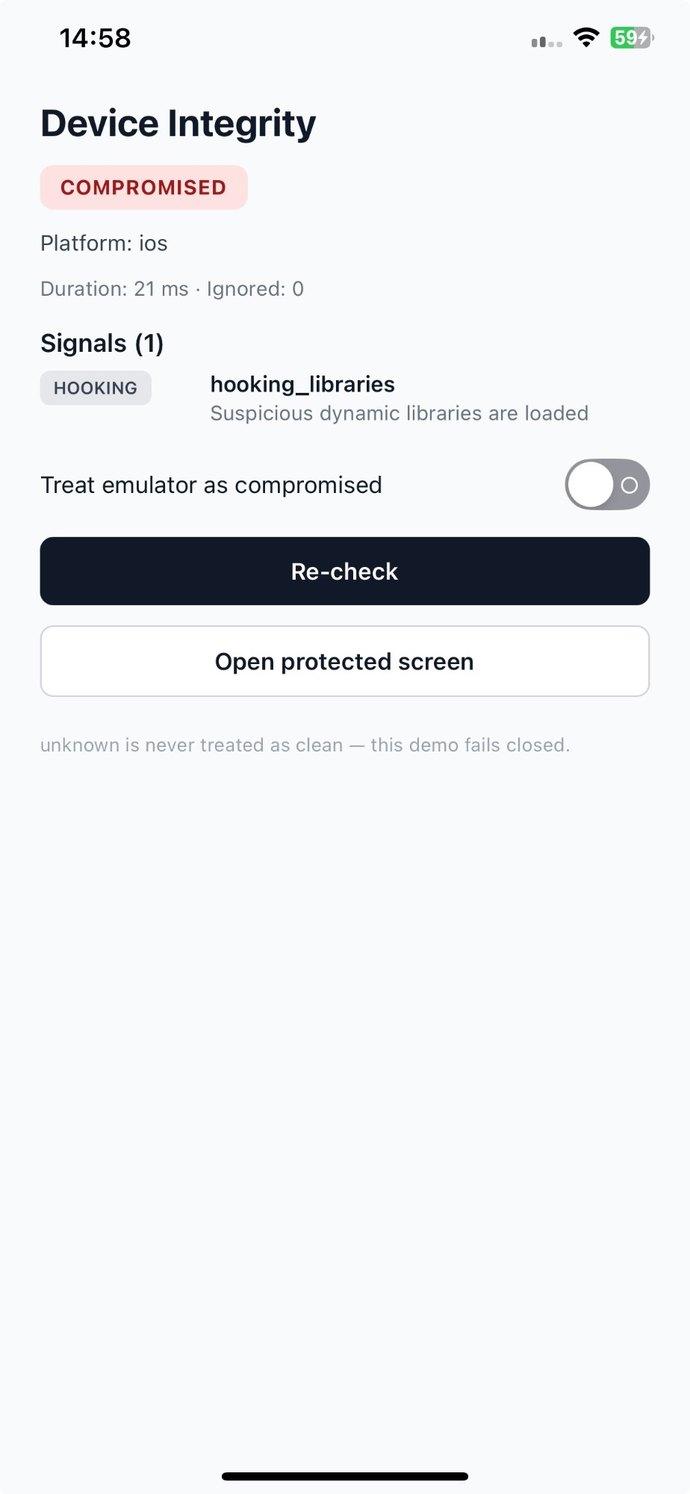 Example app on an iPhone XS Max: status COMPROMISED, one signal, hooking_libraries — Suspicious dynamic libraries are loaded.