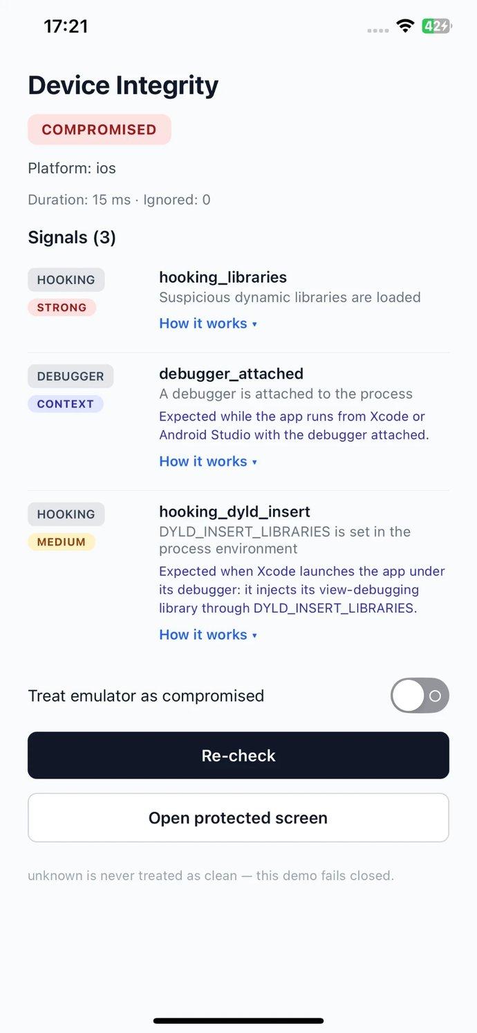 Example app run from Xcode on an iPhone XS Max: status COMPROMISED, signals hooking_libraries (Strong), debugger_attached (Context) and hooking_dyld_insert (Medium).