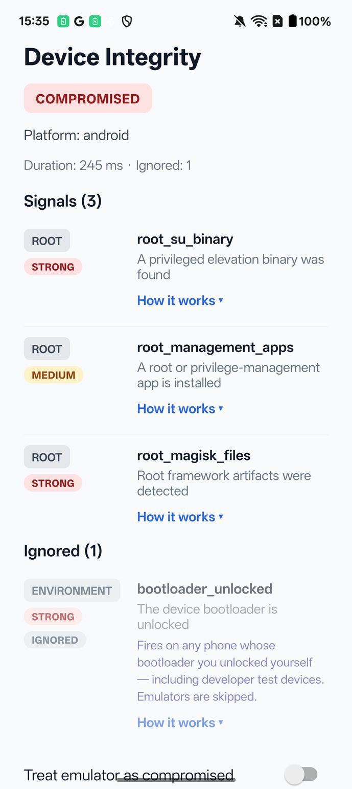 Default build with ignore: ['bootloader_unlocked']: status COMPROMISED, three root signals; bootloader_unlocked moved to Ignored.
