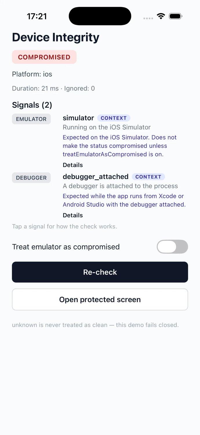 Example app on the iPhone 17 Pro simulator with LLDB attached: status COMPROMISED, signals simulator and debugger_attached.