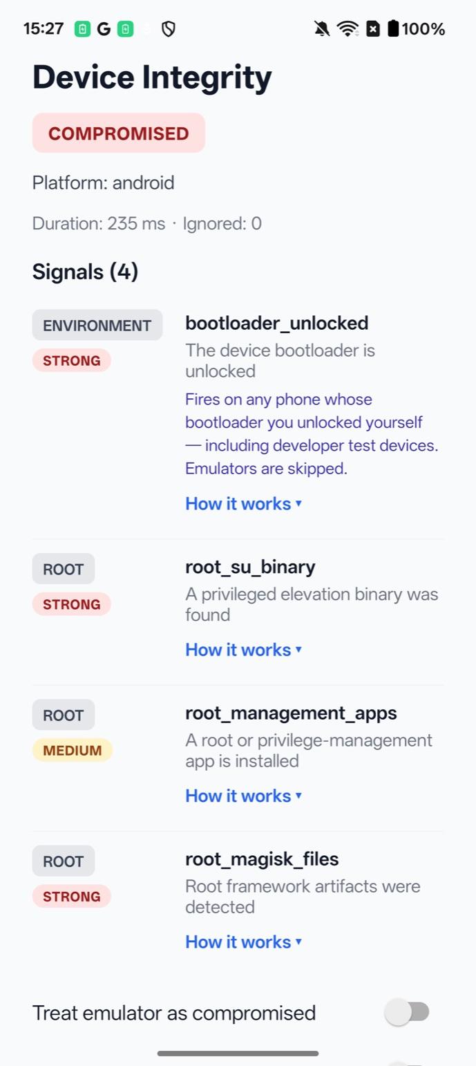 Example app on a rooted OnePlus with library 0.3.0: status COMPROMISED, four signals — bootloader_unlocked (Environment, Strong), root_su_binary (Strong), root_management_apps (Medium), root_magisk_files (Strong).