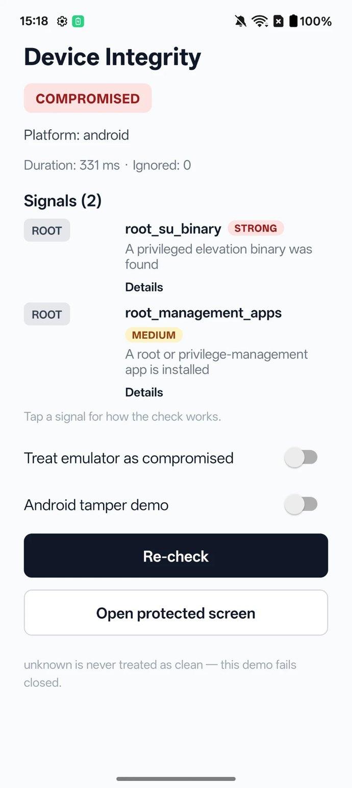 The same phone on library 0.2.1: status COMPROMISED, two signals, root_su_binary marked Strong and root_management_apps marked Medium.