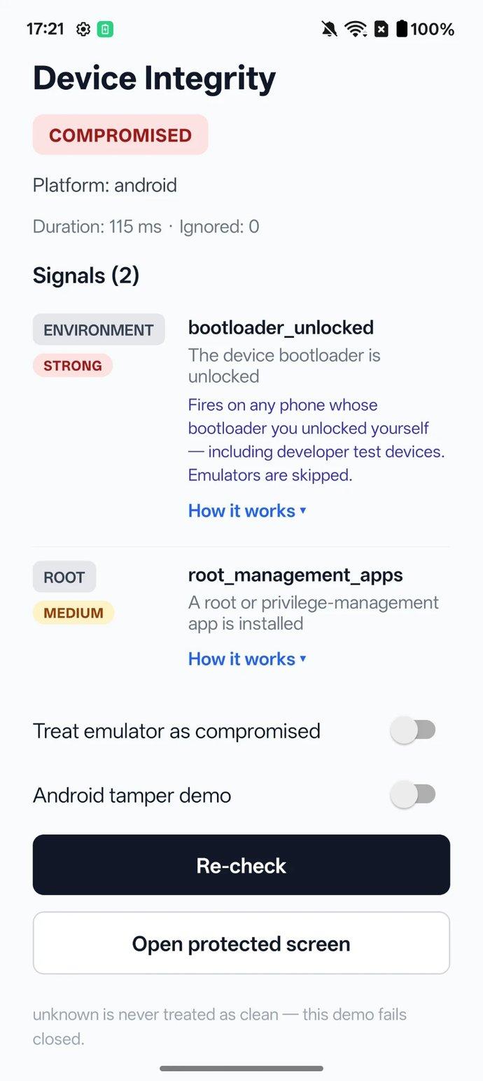 Example app on the rooted OnePlus with Magisk DenyList on: status COMPROMISED, signals bootloader_unlocked (Environment, Strong) and root_management_apps (Root, Medium).