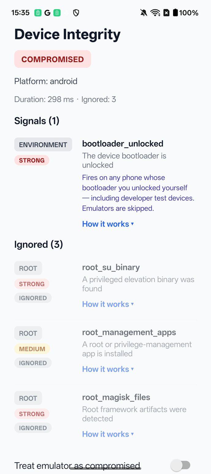 Default build, the three root signals ignored at runtime: status COMPROMISED, one signal, bootloader_unlocked; Ignored (3) below.