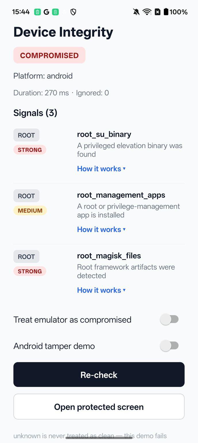 Build with bootloaderUnlocked: off: status COMPROMISED, three root signals, no bootloader_unlocked.