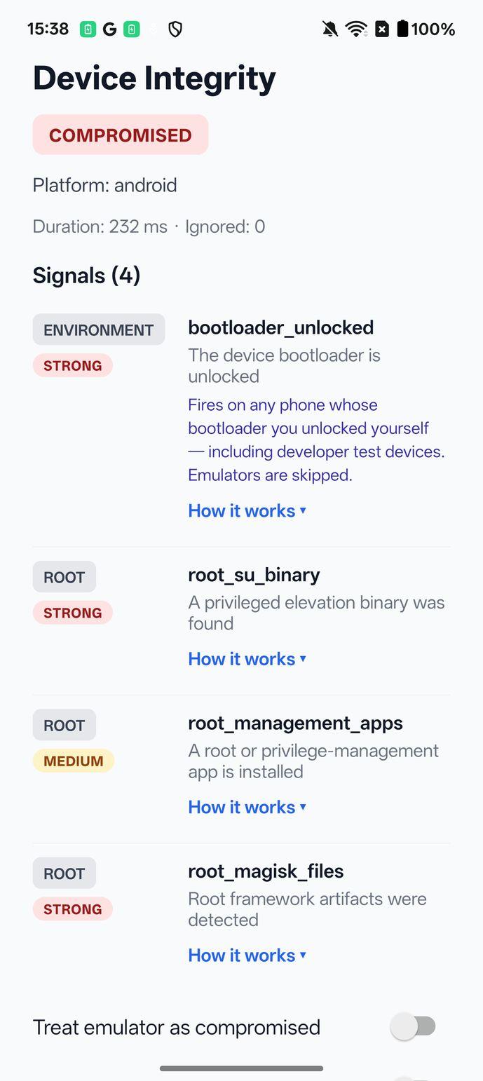 Build with bootloaderUnlocked: report, nothing ignored: status COMPROMISED, four signals including bootloader_unlocked.