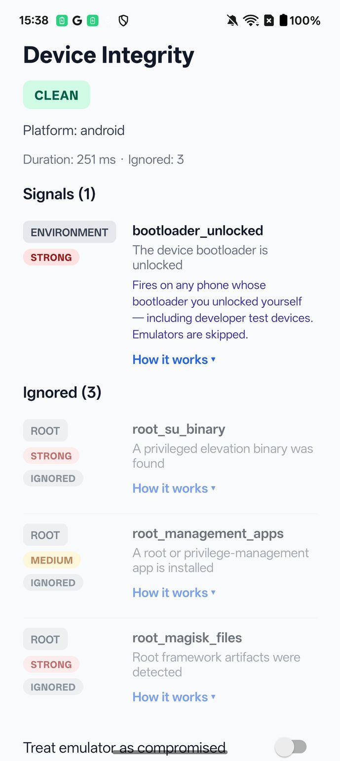 Build with bootloaderUnlocked: report, root signals ignored: status CLEAN, bootloader_unlocked still listed; Ignored (3) below.