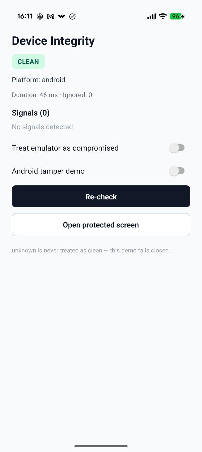 Example app release build on a stock Pixel 10 Pro with library 0.3.0: status CLEAN, Signals (0), No signals detected, Duration 46 ms.