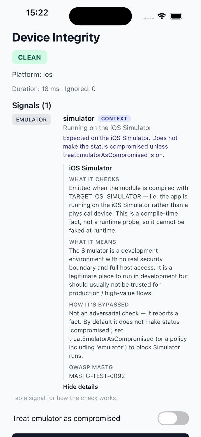 Example app on the iPhone 17 Pro simulator: status CLEAN, one signal, simulator, marked Context, with its details expanded.