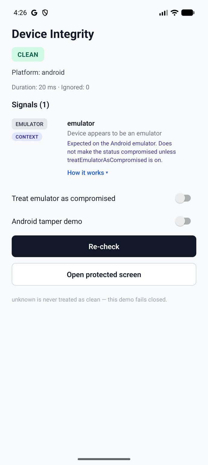 Example app release build on the Pixel 9 Pro emulator with library 0.3.0: status CLEAN, one signal, emulator.