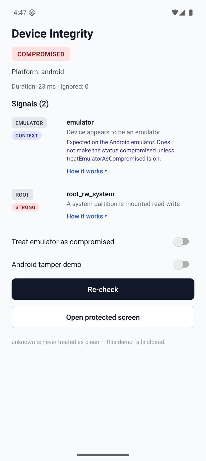 Development emulator with /system remounted read-write in the app's namespace: status COMPROMISED, signals emulator and root_rw_system (Strong).